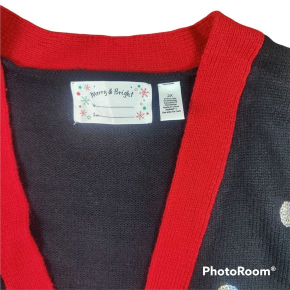 Merry & Bright ugly Christmas holiday winter cardigan w snowman + tree NWT - Picture 2 of 3